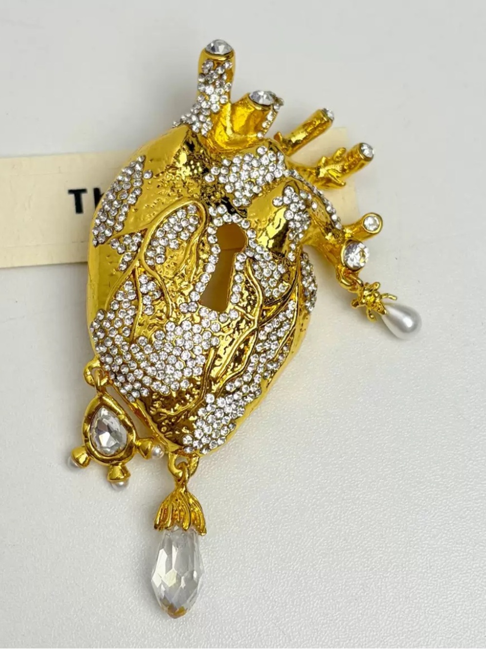 Schiaparelli Gold Crystal Embellished Anatomical Heart Brooch